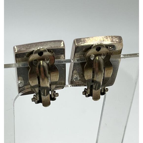 Rectangle Black Glass and 925 Mexico Sterling Silver Clip on Earrings - Picture 6 of 16